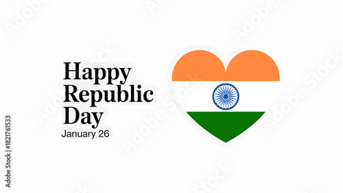 Happy republic day india text with heart flag design on white.