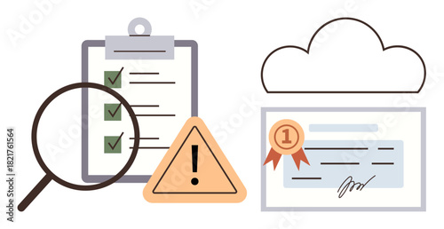 Magnifying glass over checklist, warning sign, certificate, cloud. Ideal for audit, compliance, approval, quality control risk management certification digital storage. A simple flat metaphor