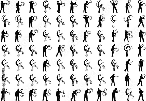"Silhouette Pattern of Workers and Robotic Arms – Industrial Concept Vector"