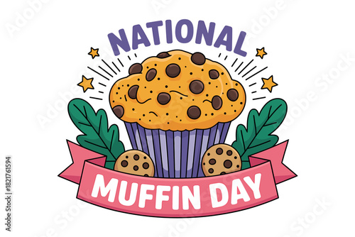 National muffin day vector art of a tasty chocolate chip muffin