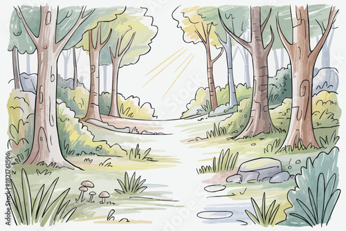 Enchanting forest path with sunlight filtering through trees, inviting peaceful exploration and natural beauty for storybooks and artistic nature scenes