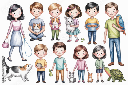 Delightful cartoon children with their adorable pets, capturing the heartwarming bond of friendship and companionship in a charming vector illustration