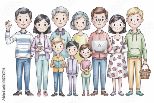 Charming watercolor style illustration of a multigenerational family standing together, perfect for heartwarming family projects and diverse family celebrations