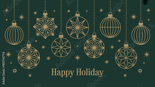 Elegant golden line art holiday ornaments on emerald background