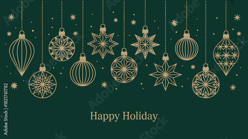 Elegant gold line art holiday ornaments on deep green background