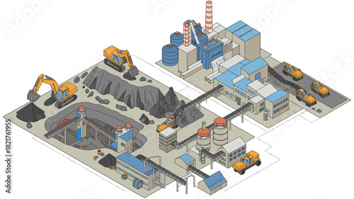 Mining and processing plant industrial operation isometric view