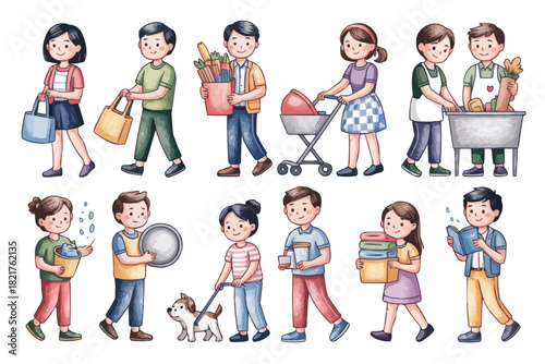 Diverse cartoon people doing everyday activities like shopping, walking a dog, reading, and pushing a stroller, perfect for inclusive lifestyle content