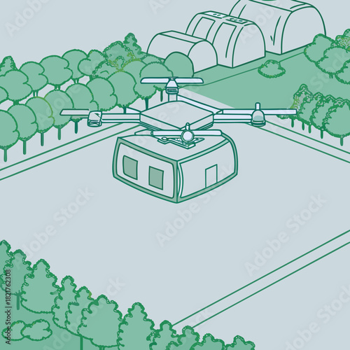 Drone delivering cargo to a building with a futuristic design