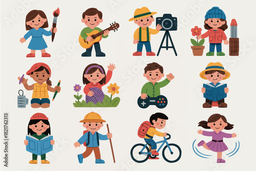 Cute children pursuing various hobbies and interests like painting, music, photography, reading, hiking, playing video games, biking, and dancing