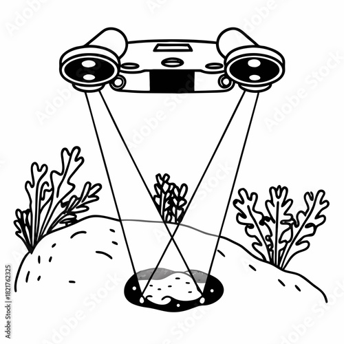 Drone scans hole with plants and dirt