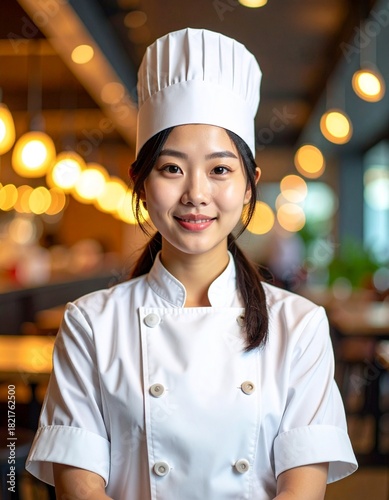 Chef joven con uniforme blanco en primer plano, expresión amigable, iluminación cálida. Fondo de restaurante moderno desenfocado con mesas y luces cálidas