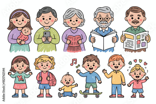 Delightful cartoon family collection showcasing multi-generational bonds and everyday life, perfect for family-friendly projects, educational content, and playful designs