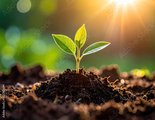 Young Sprout Growing in Rich Soil at Sunrise