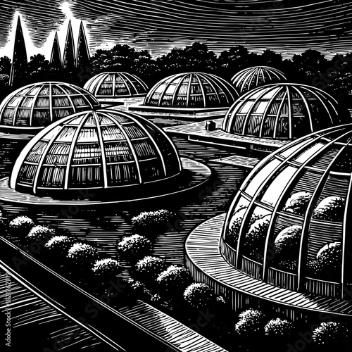 Futuristic biodomes in a stylized landscape