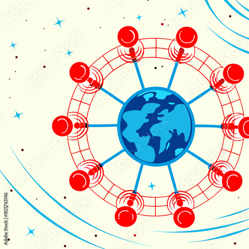Global network of communication satellites orbiting earth