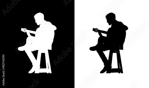 musician plays guitar silhouette vector illustration, music, song, singing man silhouette vector illustration, guitar silhouette, boy, man standing silhouette, fun, love, black, art, design, sitting,