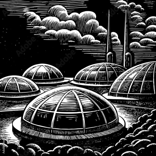 Futuristic domes and towers under a dramatic sky