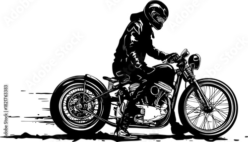 Vintage bike racing. Black and white graphic illustration of a motorcyclist riding a vintage chopper motorcycle