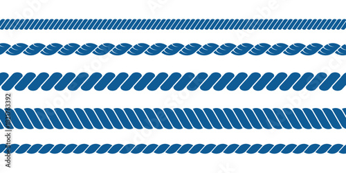 Set of rope brushes. Seamless nautical rope isolated on background. Rope symbol. Wire sign. Line rope border element collection. Nautical rope brushes. Set of straight outline silhouette rope borders.