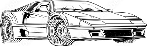 Detailed outline drawing of a retro sports car with large racing wheels and aerodynamic body for automotive design sketch, coloring page, and engineering illustration