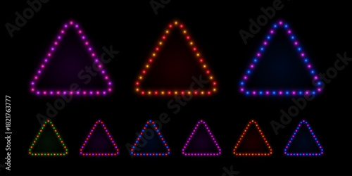 Light neon bulbs triangle frame. Retro border with colored led lamps. Set of vector geometric elements for advertising games and casino.