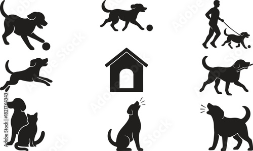 Dog silhouette collection playful pups walking barking and doghouse graphics