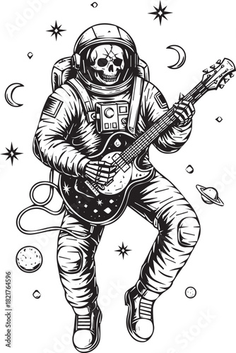 Astronaut Skeleton Rocking Out in Space with Electric Guitar Surrounded by Planets and Stars Art Design