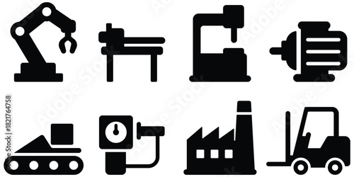 Industrial machine silhouette set, Factory production equipment icon pack, Manufacturing tool symbol collection