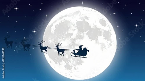 Santas Sleigh Silhouette Against a Full Moon Christmas Eve.