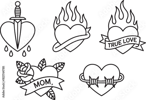 Outline Tattoo Style Heart Designs with Dagger Rose and Flames love traditional tattoo