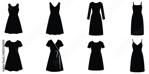 Women dress silhouette set, Fashion clothing icon collection, Apparel style symbol pack