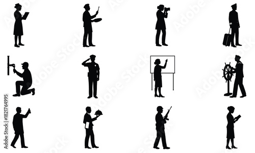 Silhouette collection of diverse professions and occupations in black and white