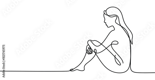 Minimalist one line drawing of seated person with arms on knees – elegant pose symbolizing reflection and calm 