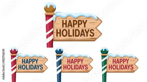  Festive “Happy Holidays” signposts with snowy arrow signs and striped poles – cheerful winter design with decorative holiday accents