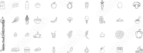 Minimal Line Food Icon Set – Fruits, Vegetables, Drinks & Snacks”