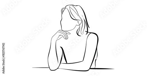 Minimalist one line drawing of seated person resting head on hand – elegant pose symbolizing thought, emotion, and introspection 