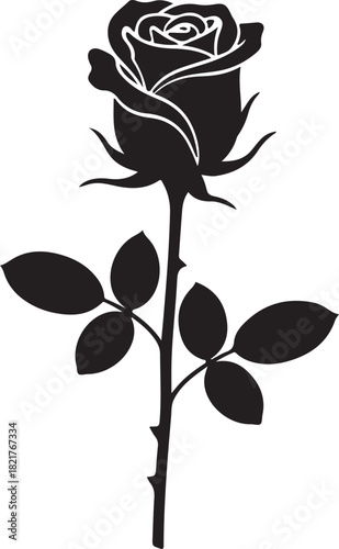 Black silhouette of a single rose with stem and leaves rose silhouette black rose