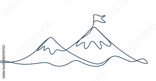 Minimalist one line drawing of mountain peaks with summit flag – elegant symbol of achievement, ambition, and perseverance 