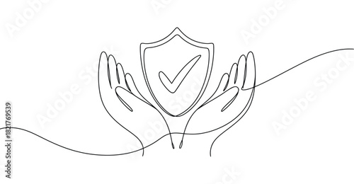  Minimalist one line drawing of hands protecting shield with checkmark – elegant symbol of security, trust, care, and assurance