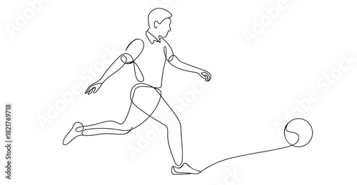 Minimalist one line drawing of soccer player kicking ball – dynamic continuous line art for sports, motion, athletic, and football themes