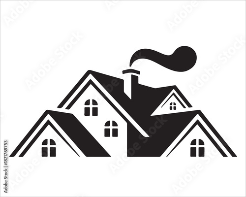 Minimalist house roof icon with chimney and windows for real estate branding