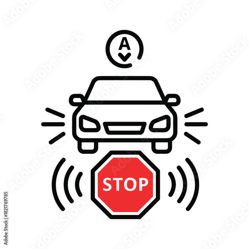 Automatic emergency braking system icon with car and stop sign