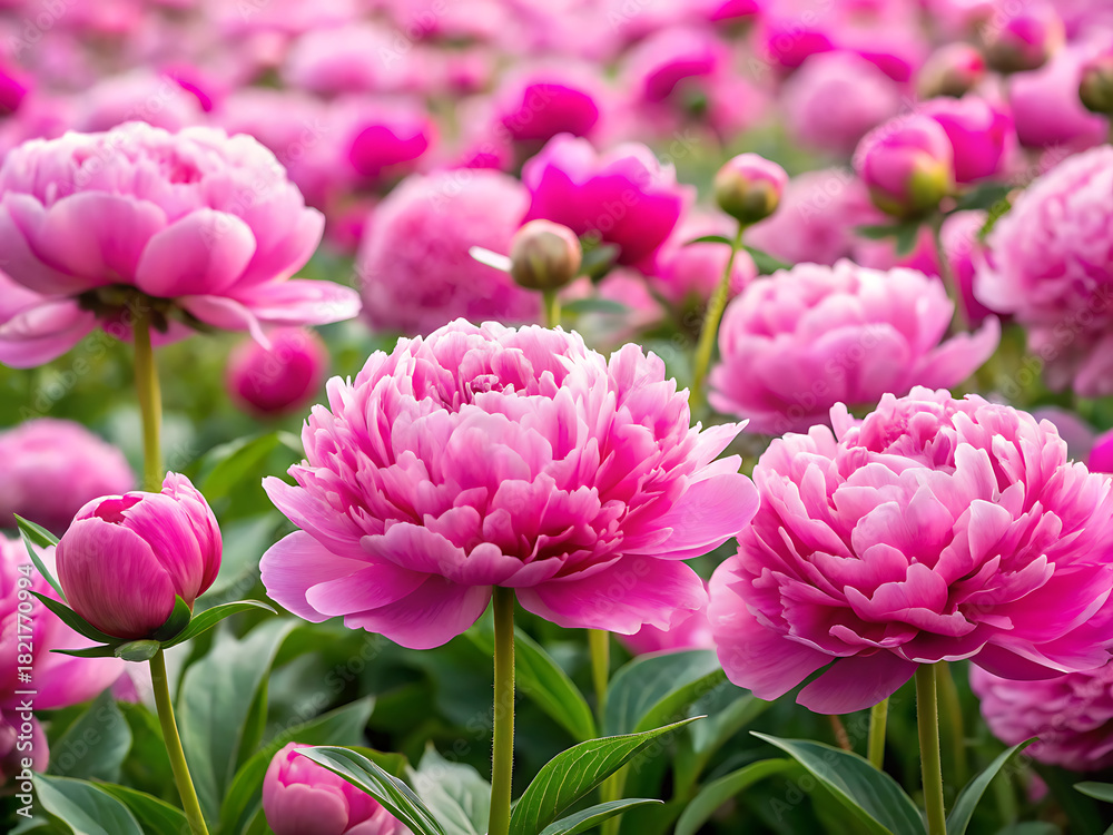 Fototapeta premium Pink peony field on white background