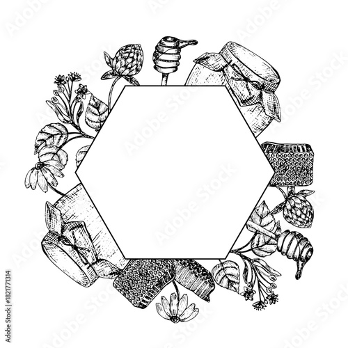 Hand-drawn honey jar label template with vintage bee illustrations. Organic beekeeping design featuring honeycomb, flowers, and natural food elements in retro sketch style.