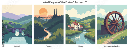 Kendal, Consett, Witney, Ashton in Makerfield Flat Vector Poster Collection
