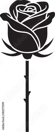 Black silhouette of a rose with a thorny stem on white flower
