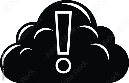 Black cloud silhouette with white exclamation mark symbol representing severe storm weather warning and critical cloud computing server error alert notification.