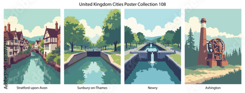 Stratford-upon-Avon, Sunbury-on-Thames, Newry, Ashington Flat Vector Poster Collection