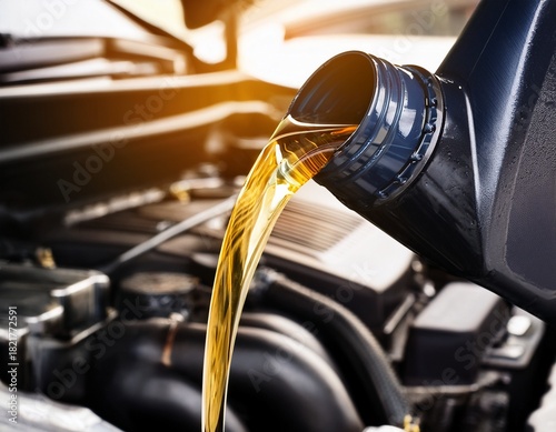pouring oil motor car lubricant from black bottle on engine background service oil change auto repair shop concept of petrochemical cleaning technology