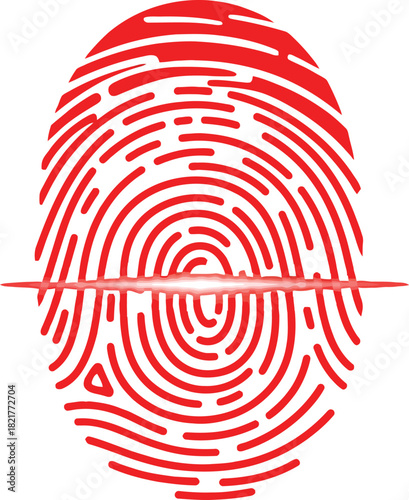 Red fingerprint scan icon with glowing laser beam line representing biometric identity verification and security access denied alert for digital protection concept.